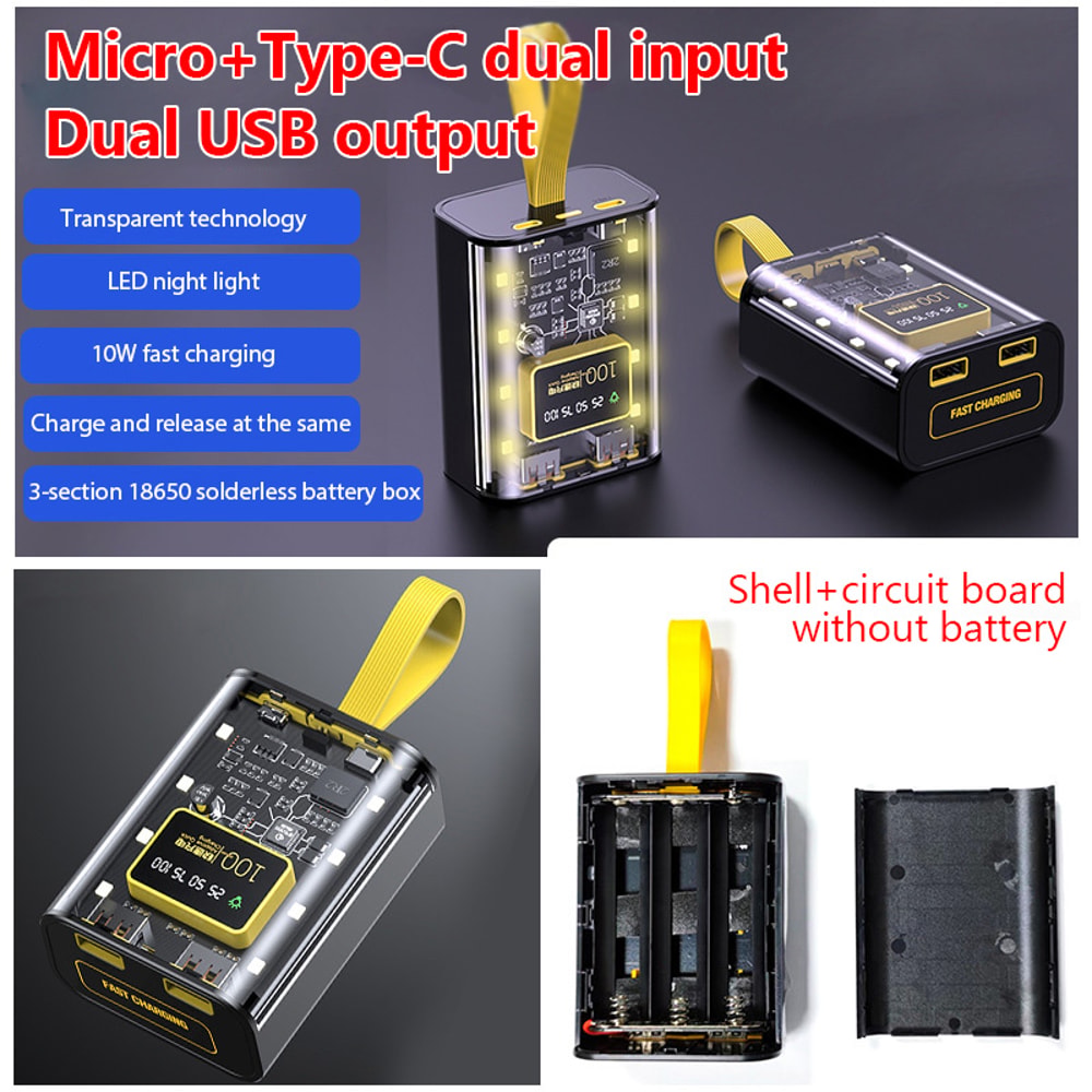DIY Power Bank Case with LED Light Dual USB Fast Charge Battery Charger Box