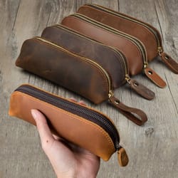 vintage leather pencil case organizer zipper pouch for pens glasses stationery