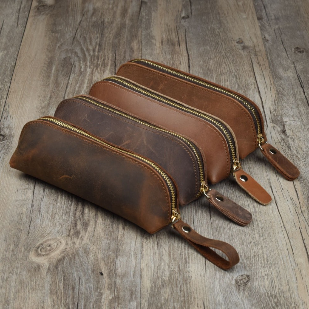 Vintage Leather Pencil Case Organizer Zipper Pouch for Pens Glasses Stationery