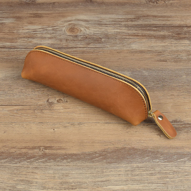 Vintage Leather Pencil Case Organizer Zipper Pouch for Pens Glasses Stationery