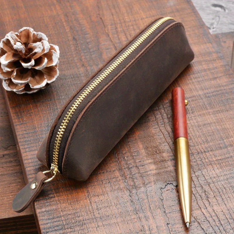 Vintage Leather Pencil Case Organizer Zipper Pouch for Pens Glasses Stationery