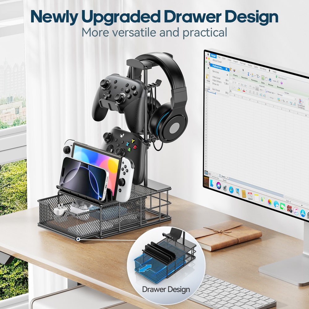 Gaming Headphone Stand with Drawer Desk Organizer & Controller Holder