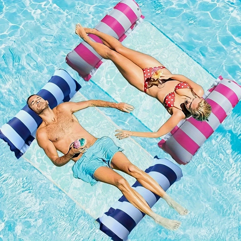 Foldable Inflatable Pool Float Chair with Net Backrest, Striped Beach Floating Lounge Chair