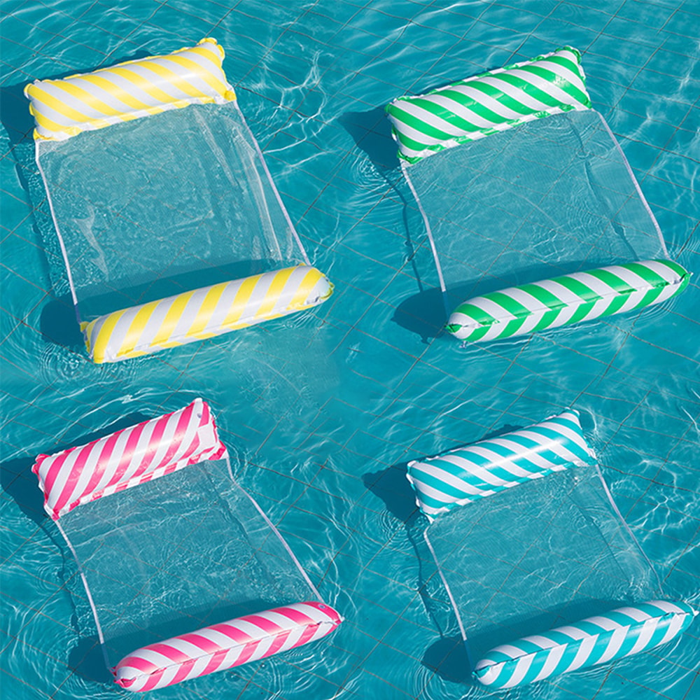 Foldable Inflatable Pool Float Chair with Net Backrest, Striped Beach Floating Lounge Chair