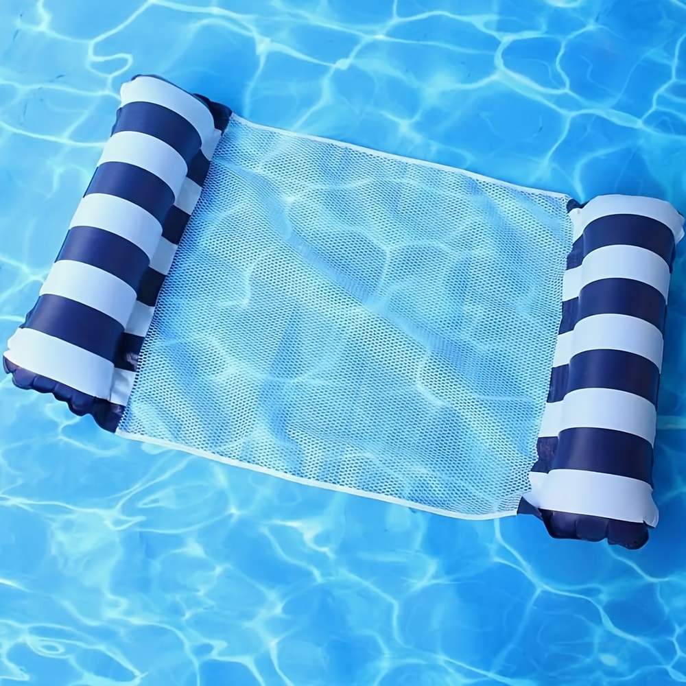 Foldable Inflatable Pool Float Chair with Net Backrest, Striped Beach Floating Lounge Chair