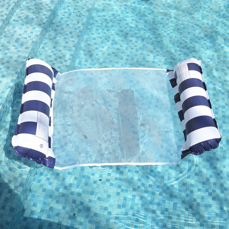 Foldable Inflatable Pool Float Chair with Net Backrest, Striped Beach Floating Lounge Chair