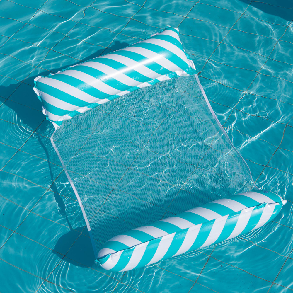 Foldable Inflatable Pool Float Chair with Net Backrest, Striped Beach Floating Lounge Chair