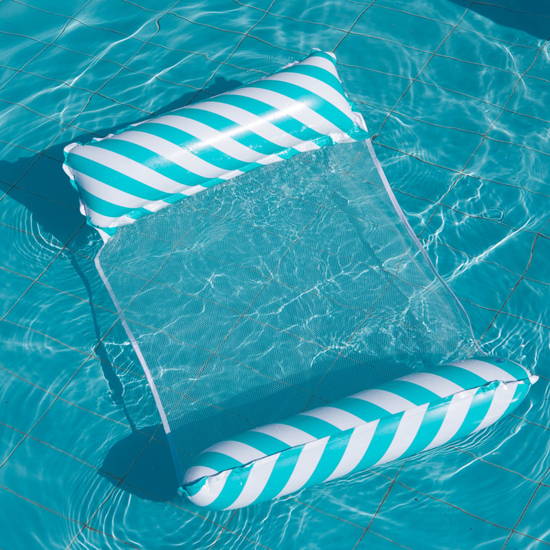 Foldable Inflatable Pool Float Chair with Net Backrest, Striped Beach Floating Lounge Chair