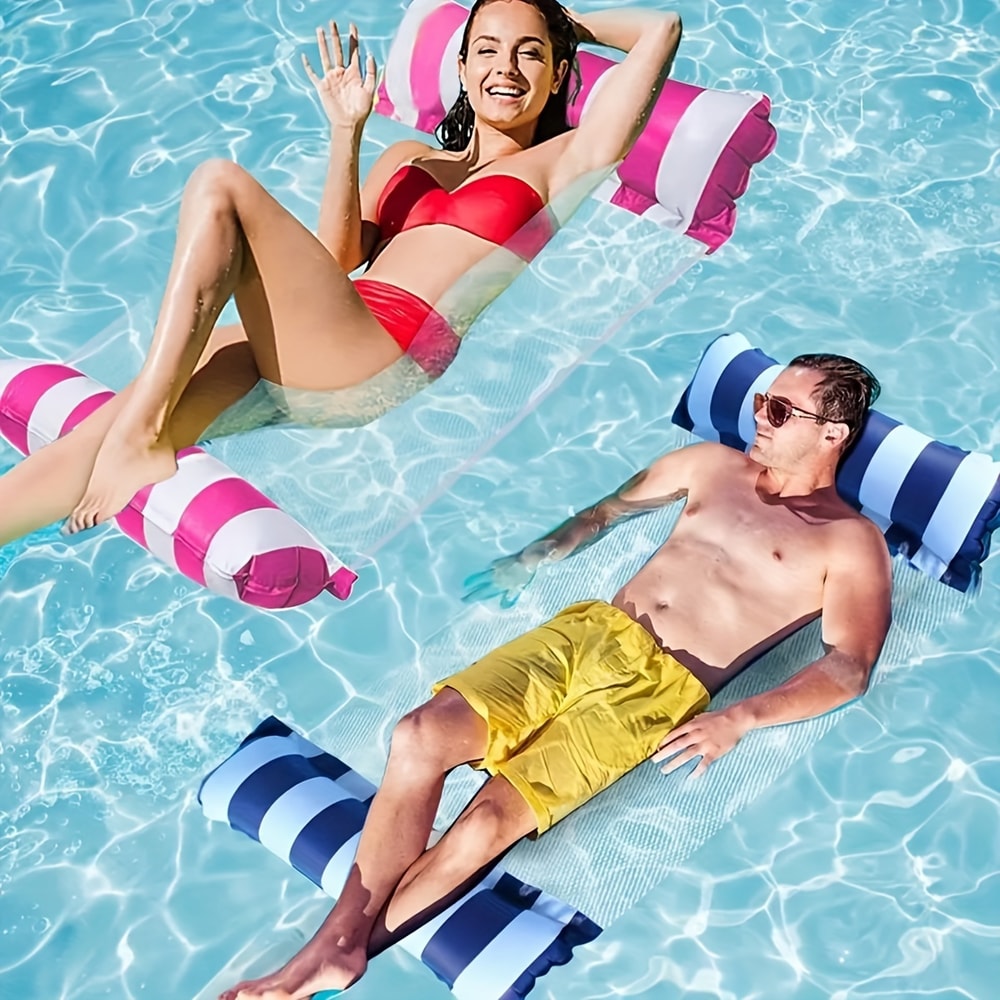 Foldable Inflatable Pool Float Chair with Net Backrest, Striped Beach Floating Lounge Chair