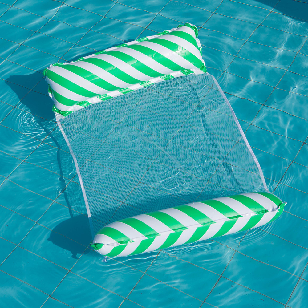 Foldable Inflatable Pool Float Chair with Net Backrest, Striped Beach Floating Lounge Chair