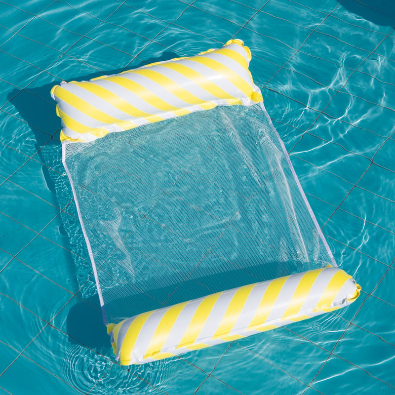 Foldable Inflatable Pool Float Chair with Net Backrest, Striped Beach Floating Lounge Chair