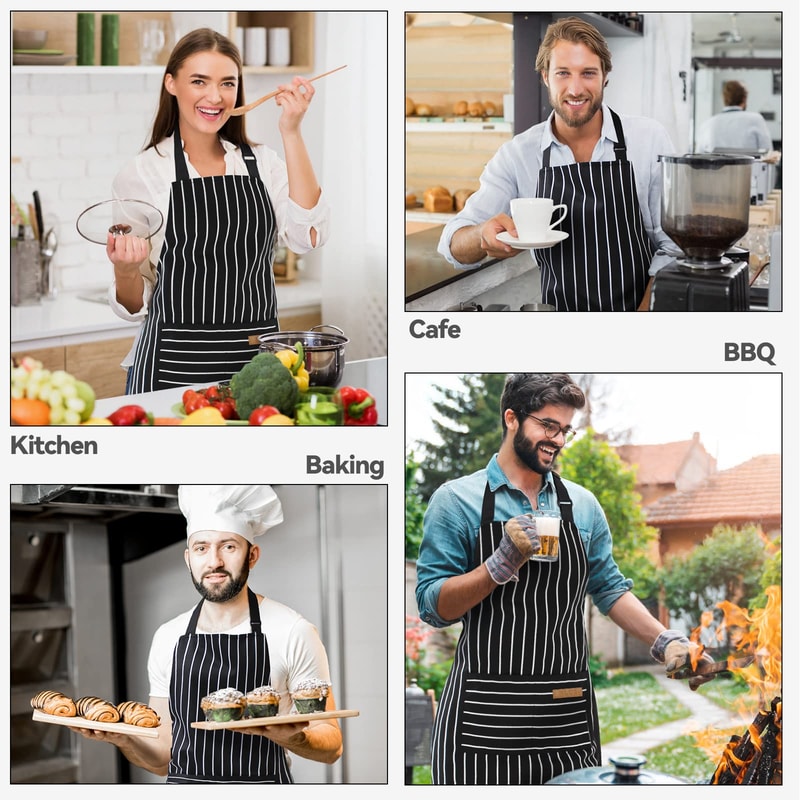 Pack Striped Kitchen Apron Set Adjustable Oil Resistant Unisex Work Aprons 2