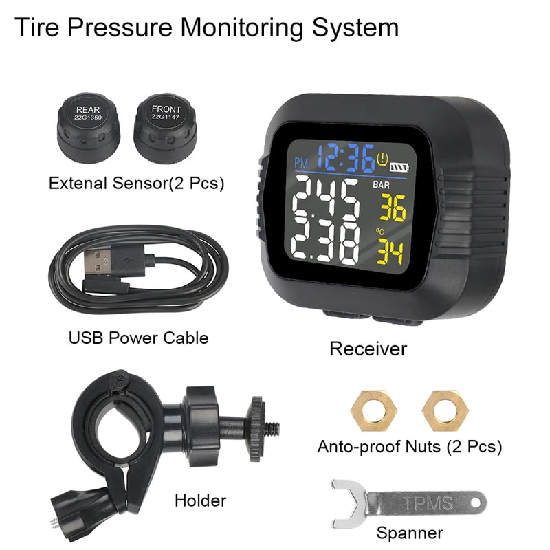 RideGuard Motorcycle TPMS Wireless Tire Pressure & Temperature Monitoring System