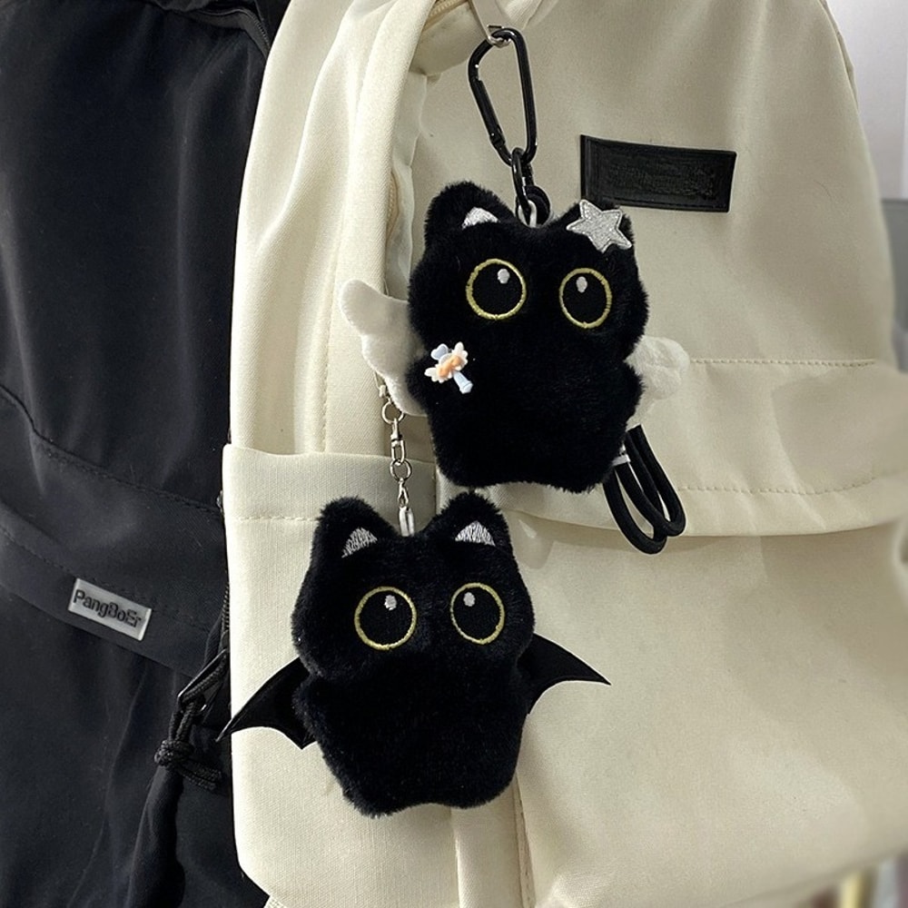 Big Eyed Plush Kitten Keychain Cute Black Cat Backpack Charm