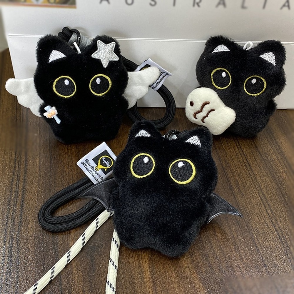 Big Eyed Plush Kitten Keychain Cute Black Cat Backpack Charm