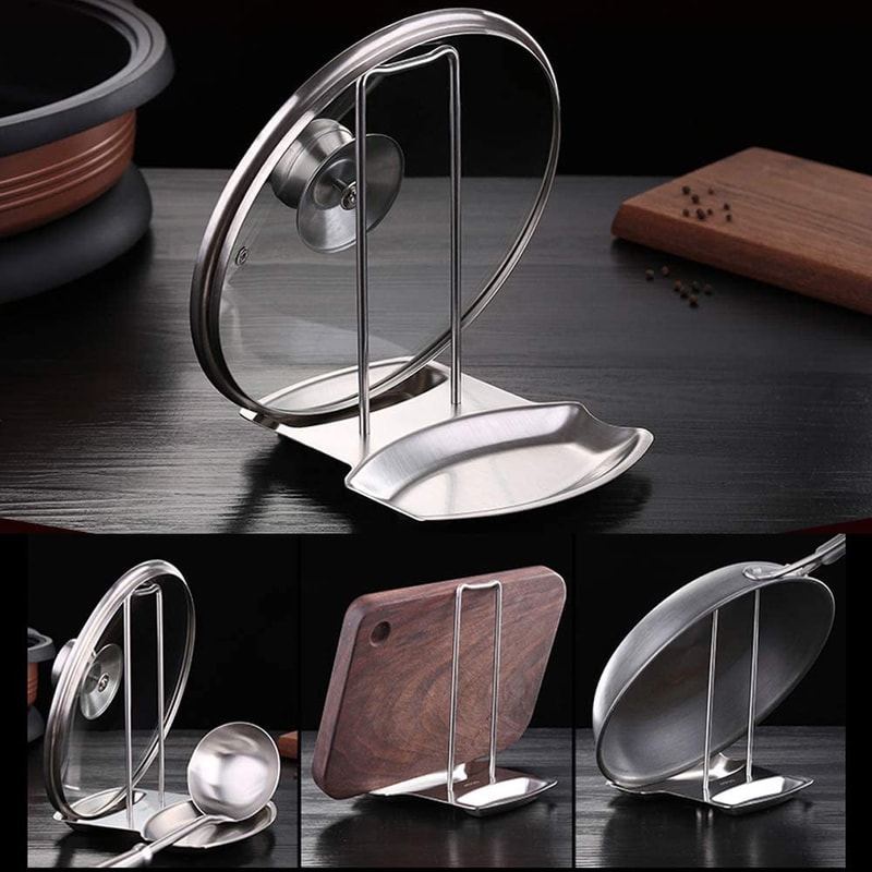 Stainless Steel Pot Lid Organizer Rack with Spoon Holder for Kitchen Countertops