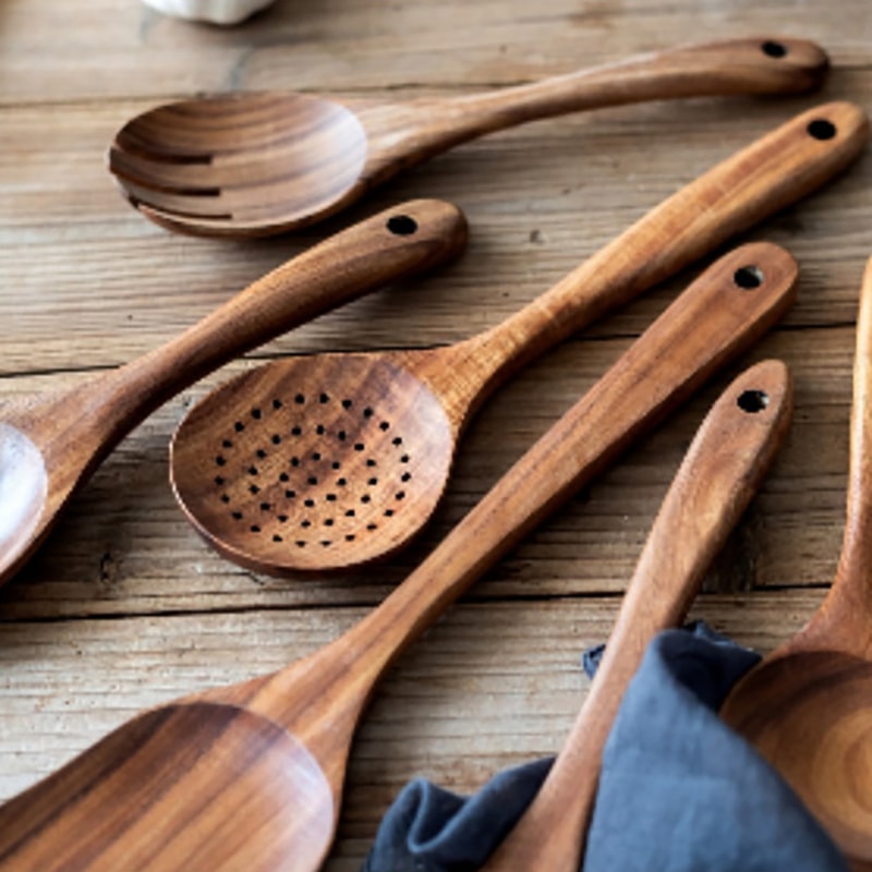 Acacia Wood Kitchen Utensil Set With Holder For Cooking Baking Serving 4