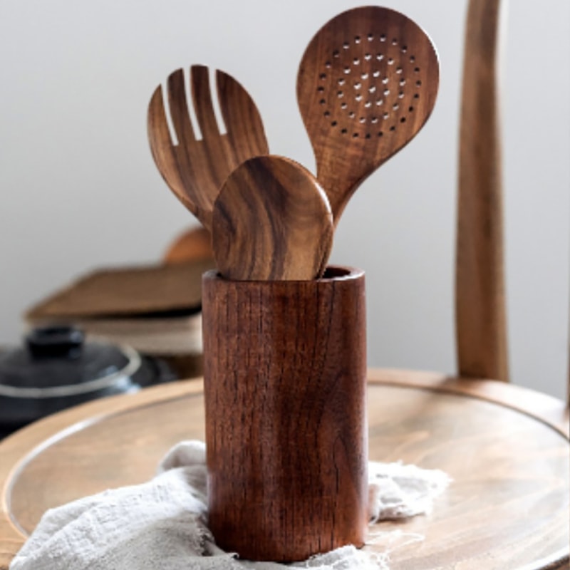 Acacia Wood Kitchen Utensil Set With Holder For Cooking Baking Serving 5