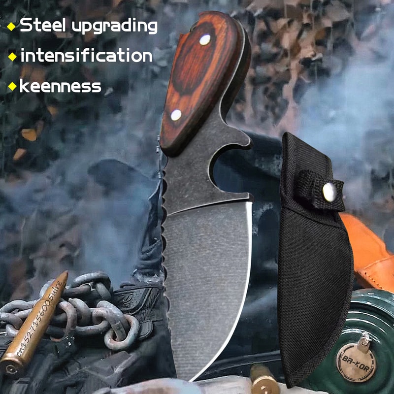 Steel Fixed Blade Hunting Knife with Sandalwood Handle & Leather Sheath
