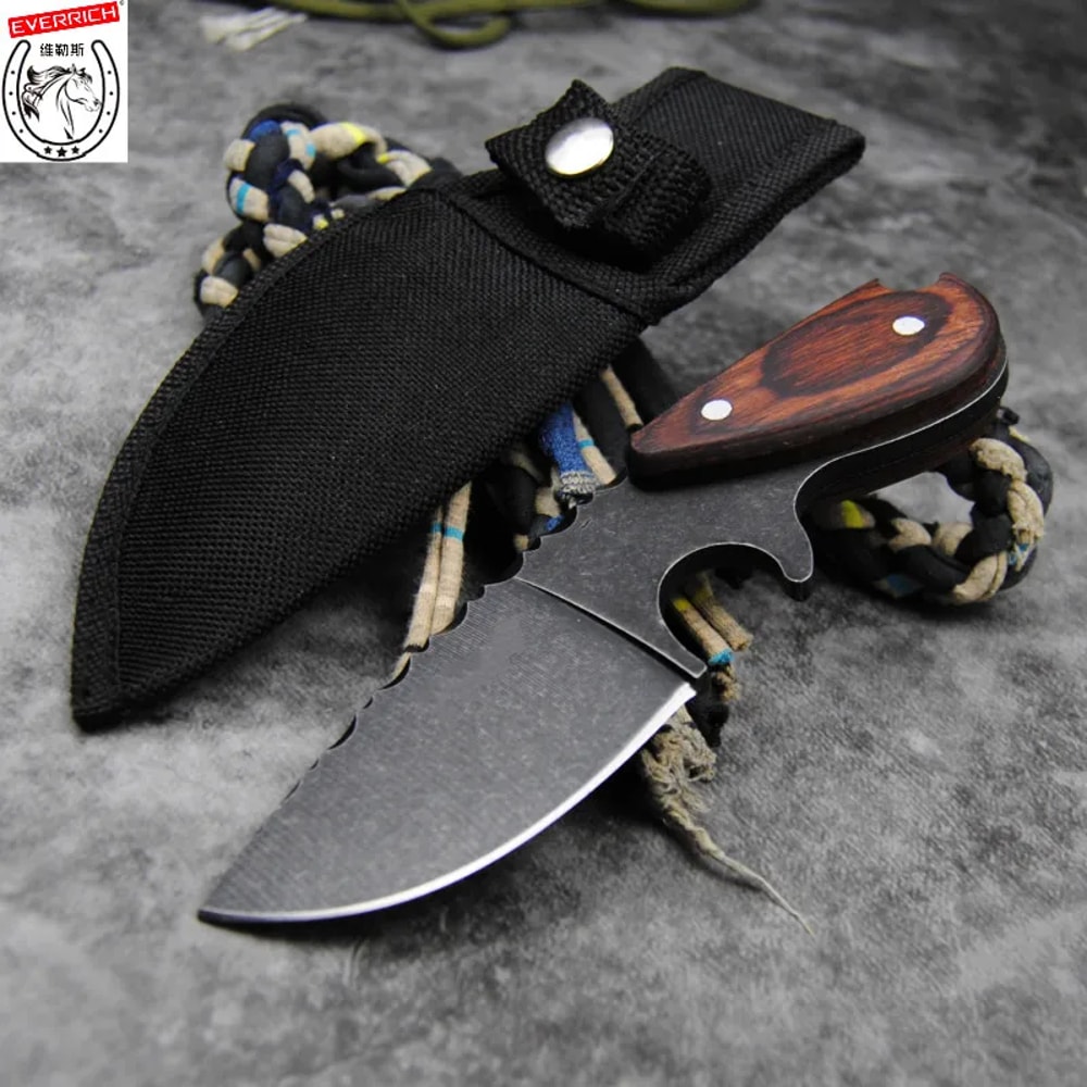 Steel Fixed Blade Hunting Knife with Sandalwood Handle & Leather Sheath