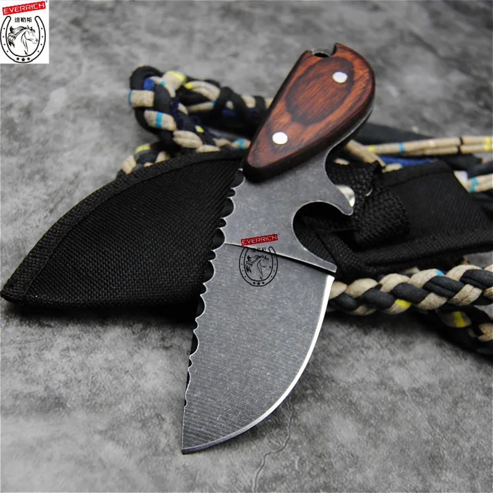 Steel Fixed Blade Hunting Knife with Sandalwood Handle & Leather Sheath