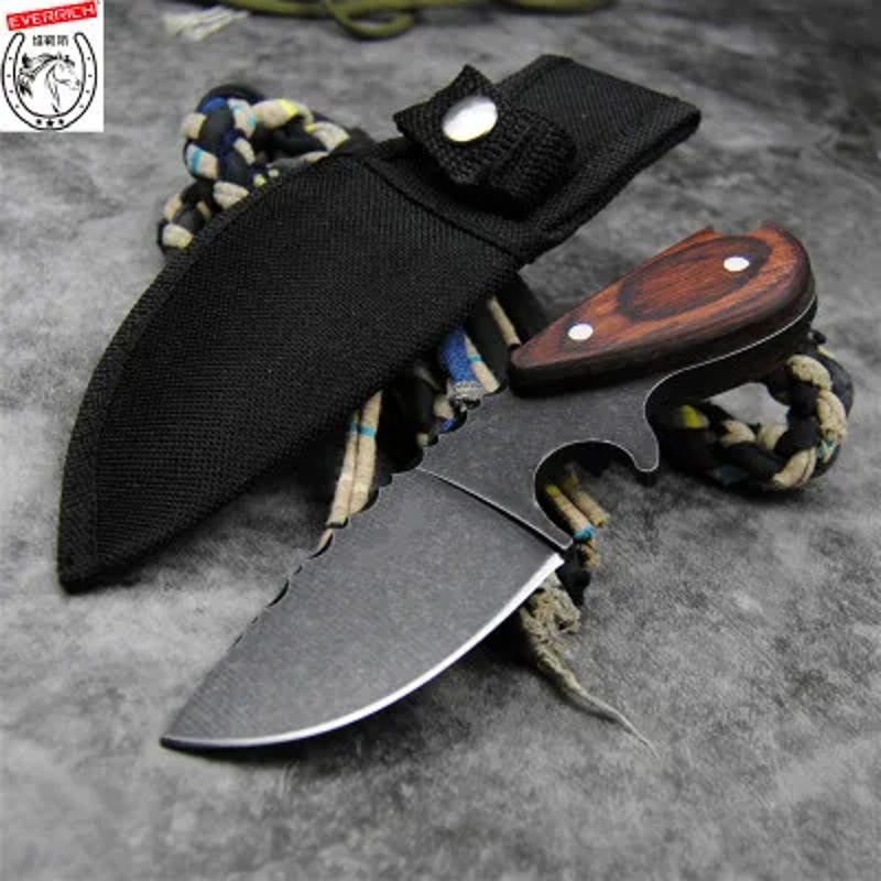 Steel Fixed Blade Hunting Knife with Sandalwood Handle & Leather Sheath