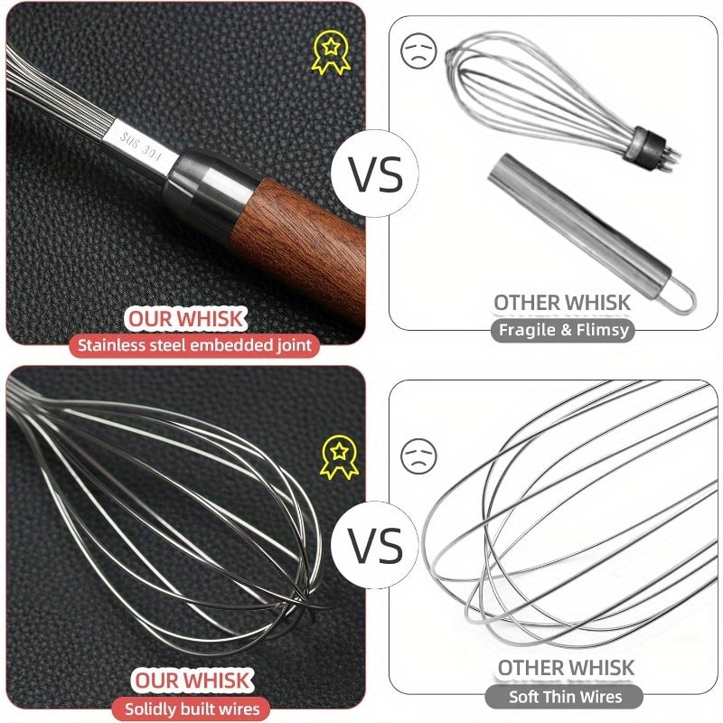 Nordic Wooden Handle Balloon Whisk Stainless Steel Egg Beater For Baking Cooking 3