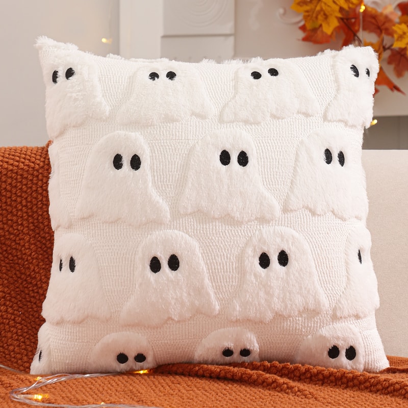 Harvest Glow Pumpkin Ghost Plush Pillow Cover For Halloween Fall Decor 1