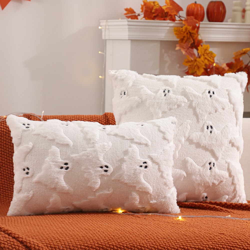 Harvest Glow Pumpkin Ghost Plush Pillow Cover For Halloween Fall Decor 5