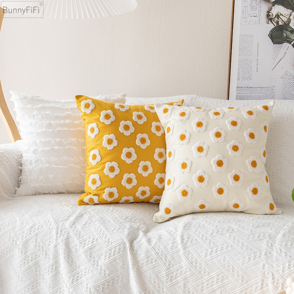 Embroidered Daisy Floral Cushion Cover Soft Cozy Throw Pillow Case For Sofa And Living Room 0