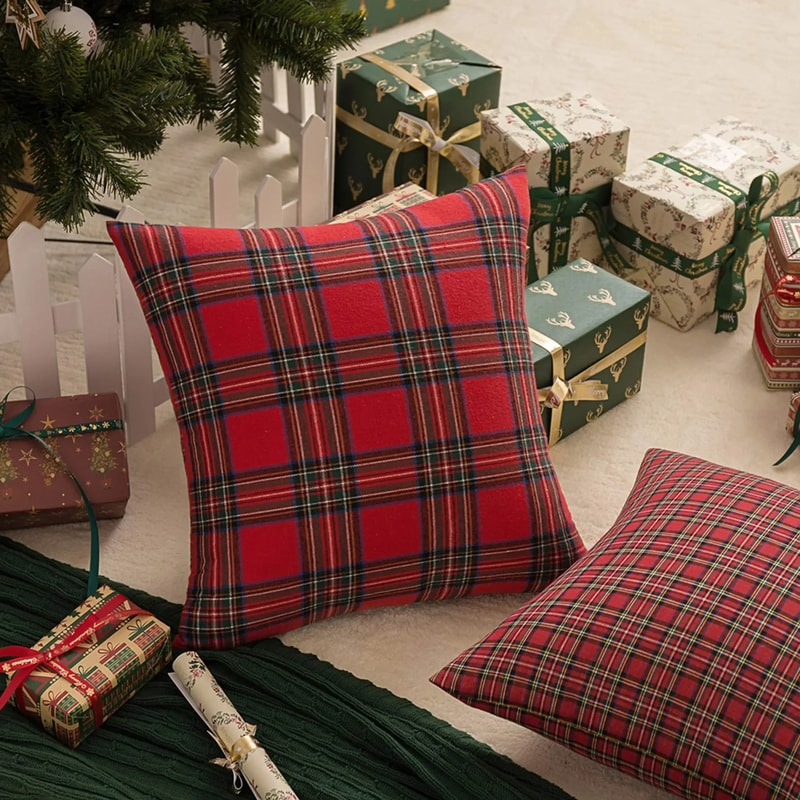 Rustic Christmas Pillow Covers Plaid Checkered Cushion Cases for Cozy Holiday Sofa Decor