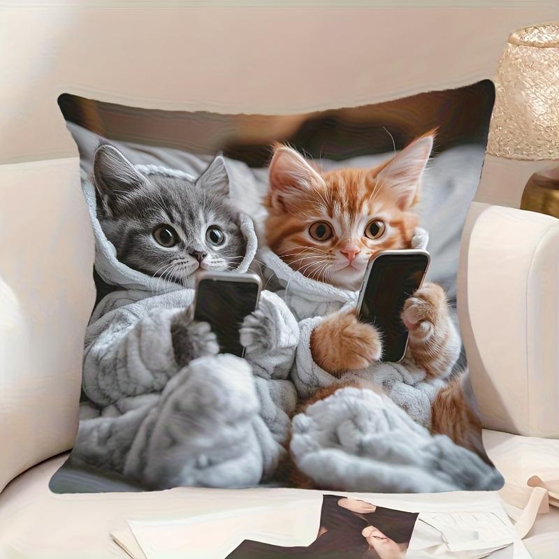 Cute Cartoon Cat Pillow Cover For Sofa Decor Cozy Cat Lover Cushion Case 0