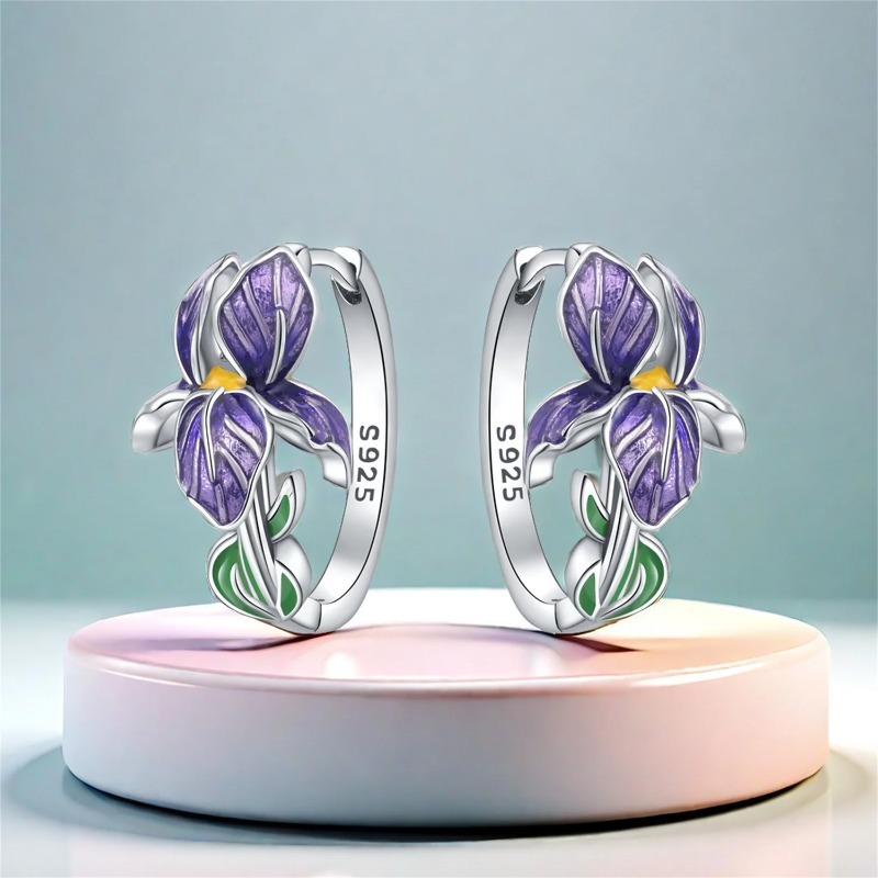 Purple Iris Sterling Silver Earrings for Women Elegant Floral Wedding Gift Jewelry
