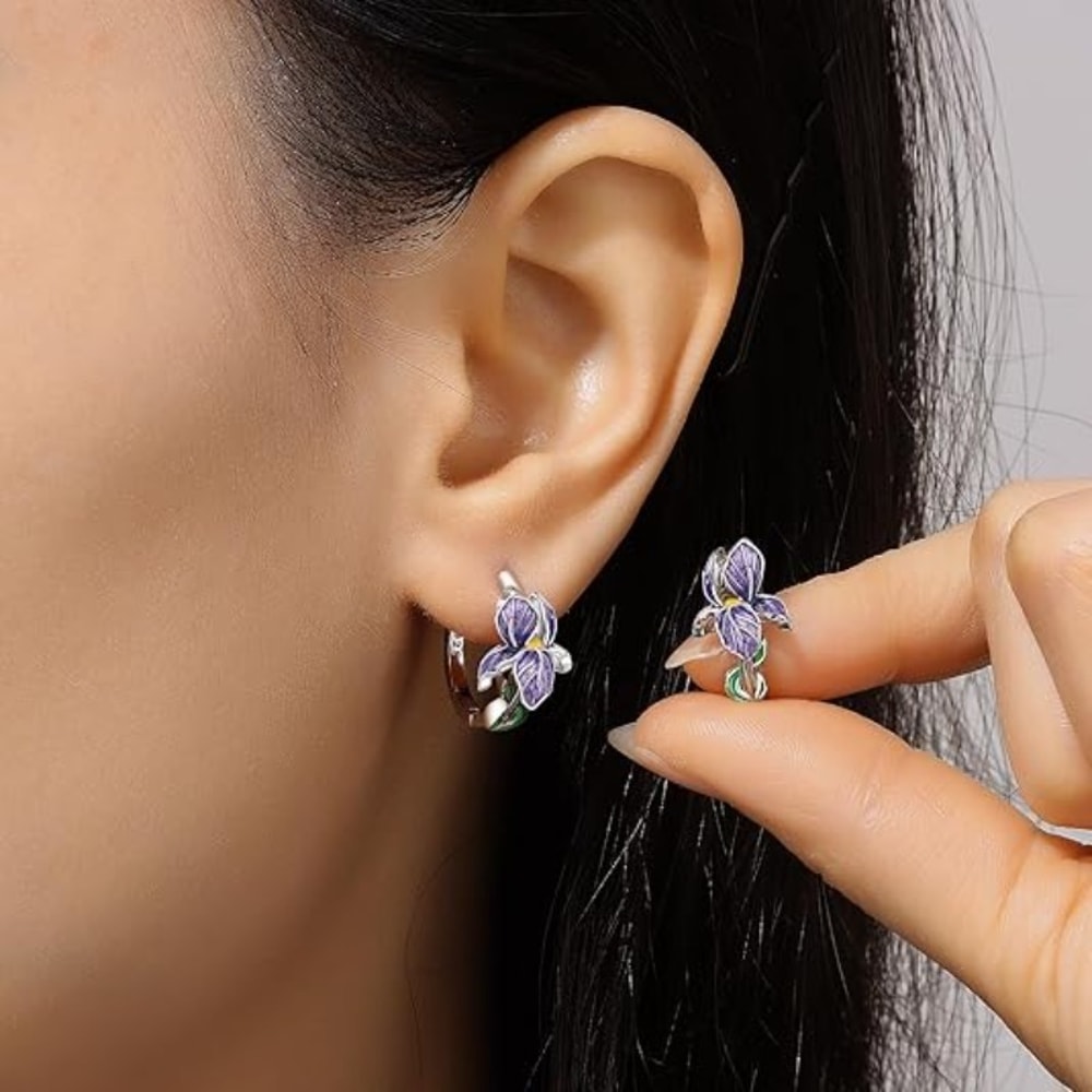 Purple Iris Sterling Silver Earrings for Women Elegant Floral Wedding Gift Jewelry