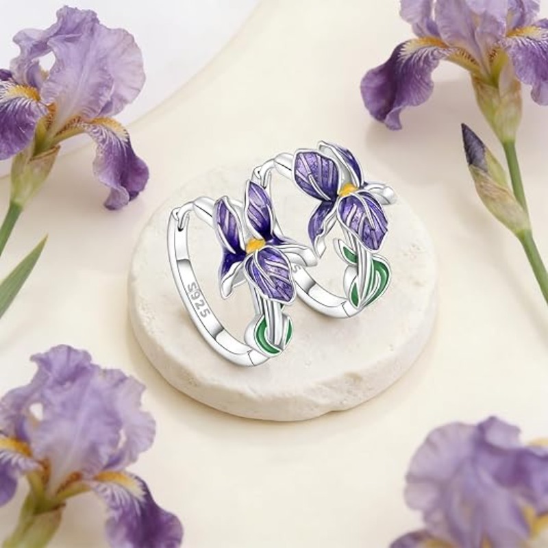 Purple Iris Sterling Silver Earrings for Women Elegant Floral Wedding Gift Jewelry