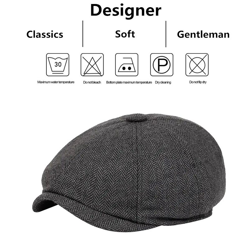 Vintage British Herringbone Newsboy Cap For Men Classic AutumnWinter Flat Hat 2