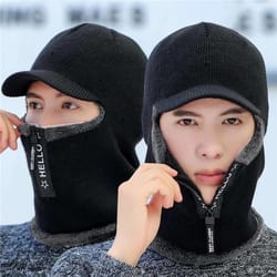men winter wool outdoor hat with ear protection and windproof scarf