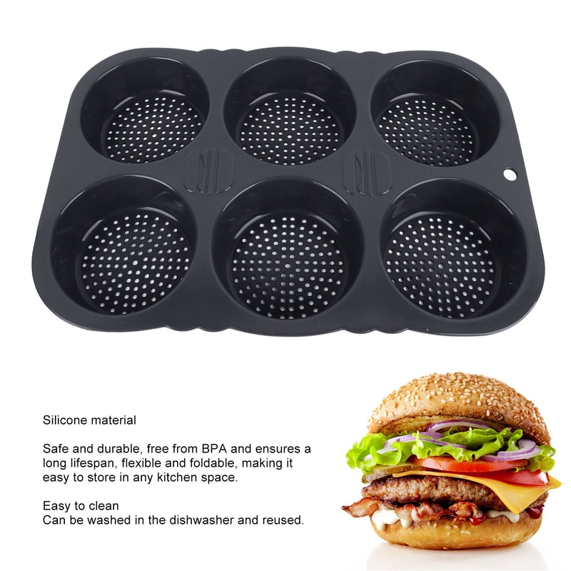 Premium 6 Cavity Hamburger Bun Mold Pan Silicone Bread Baking Tray, Heat Resistant & Reusable