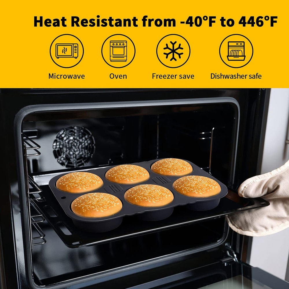 Premium 6 Cavity Hamburger Bun Mold Pan Silicone Bread Baking Tray, Heat Resistant & Reusable