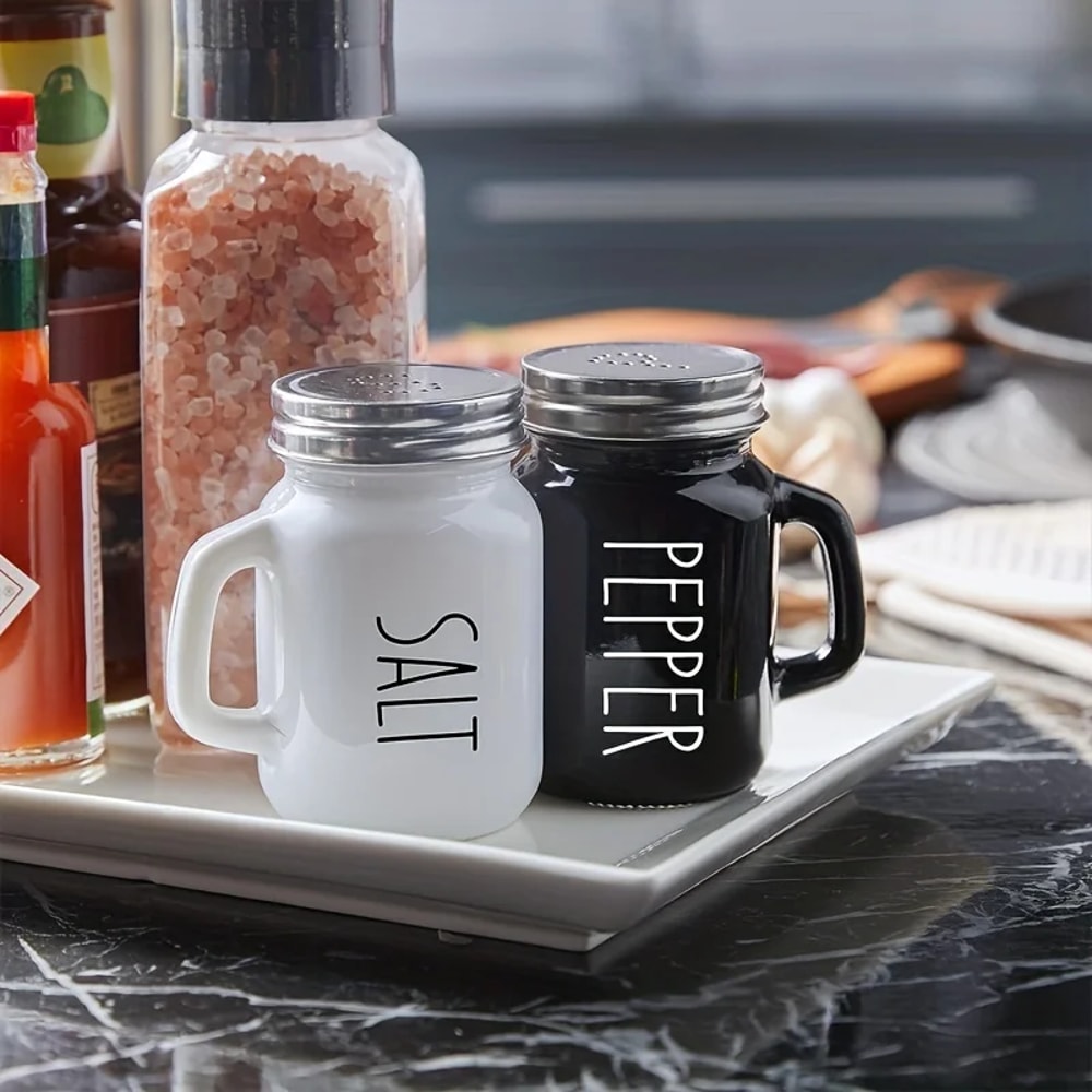 Vintage Glass Salt And Pepper Shaker Set With Black White Tops Kitchen Seasoning Duo 0