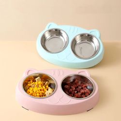 Macaron Pet Double Bowl Plastic Kitten Dog Food Drinking Tray Feeder Cat Feeding