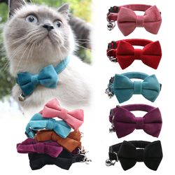 Velvet Cat Collar Solid Color Bowknot Puppy Chihuahua Collars with Bell Adjustable Safety Buckle Cats Bow Tie