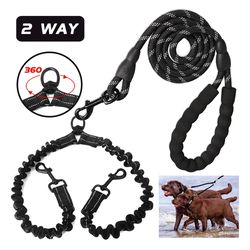 Dual Dog Leash No Tangle Strong Pet Leashes Rope Shock Absorbing Elastic Nylon Lead Reflective for Double Two Small Dogs