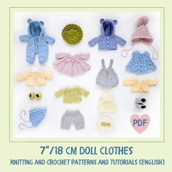 DIY Knitted clothes for a 7 inch (18 cm) Waldorf doll. Bundle of 16 PDF patterns and tutorials