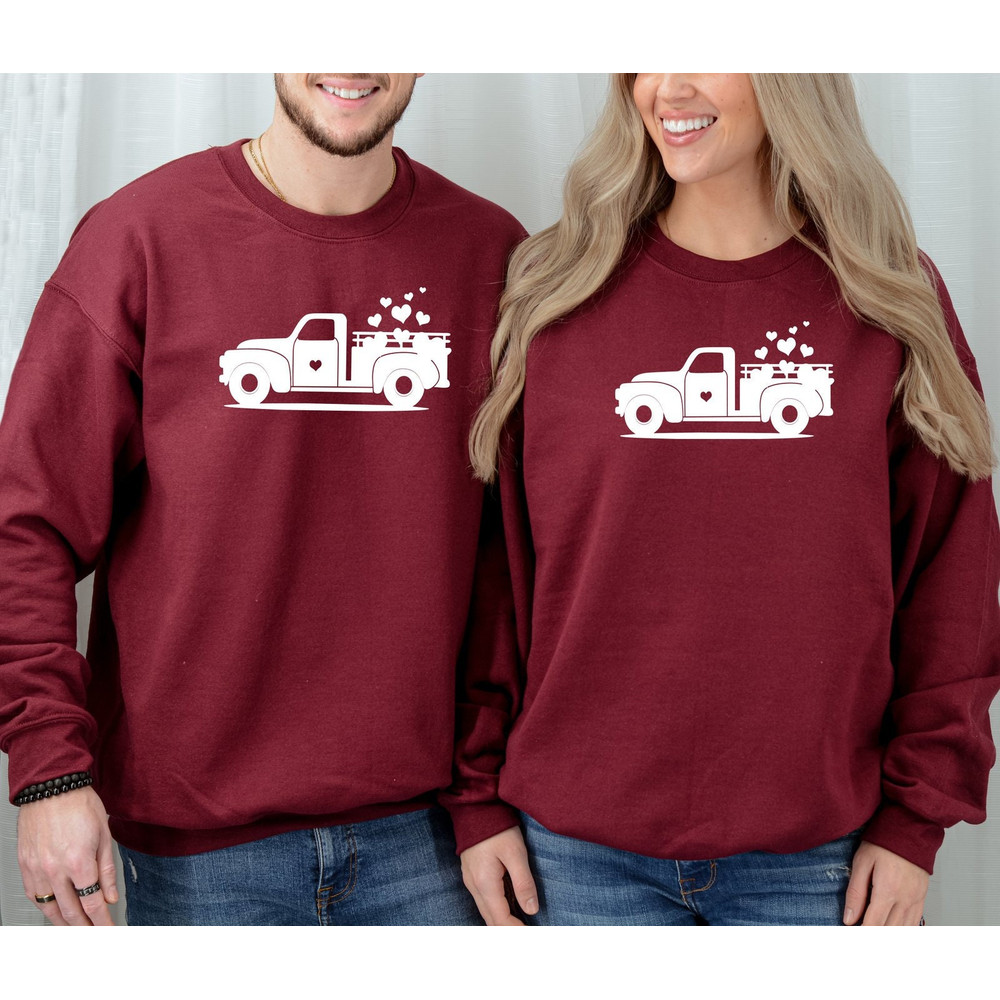 Valentine Truck Sweatshirt, Valentines Day Sweatshirt, Truck With Heart Valentine Sweatshirt, Couple Matching Hoodie, Girlfriend Bday Gift.jpg