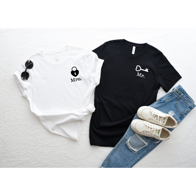 Valentine's Day Mrs and Mr Lock and Key Pocket T-Shirt, Couple Matching Minimalist Tee, Happy Valentines Day Shirt, Cute Gift for Girlfriend.jpg