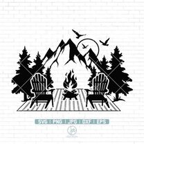 lake scene chairs dock svg | camping svg | adirondack chairs svg | forest camp svg | mountain scene svg | camping shirt