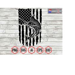 tattered us flag, blue marlin svg, fishing svg, ocean fish svg - vector, cricut, cnc, laser, vinyl cutter, decal sticker