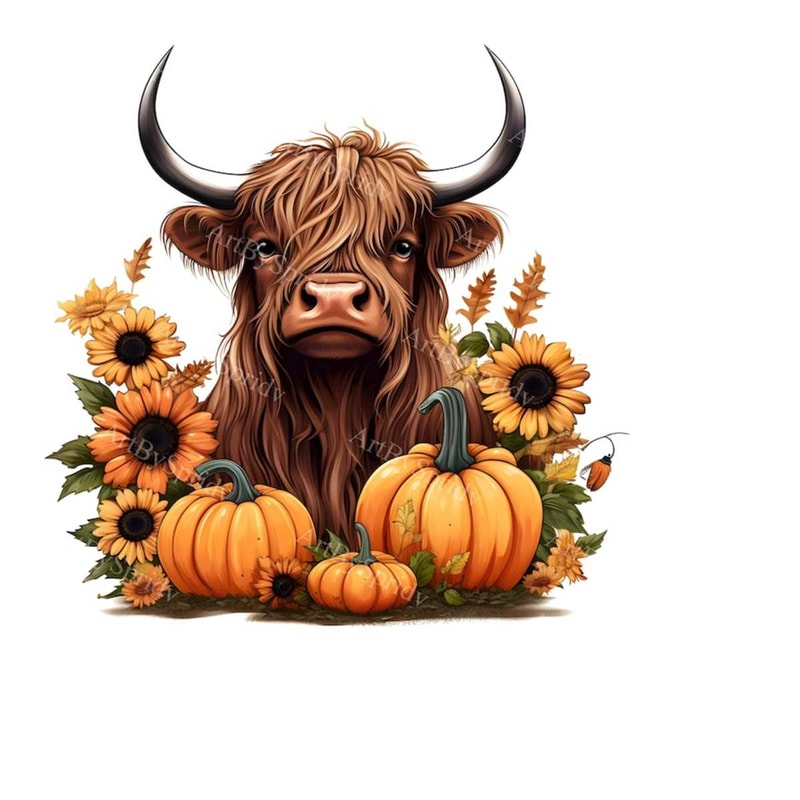 MR-2332024171623-watercolor-highland-cow-pumpkin-sunflower-clip-art-printable-t-shirt-mug-sublimation-transparent-png-clipart-commercialdigital-download-image-1