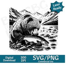 grizzly eating a salmon svg png, vector graphic, laser engraver, cnc, clip art, laser ready, cutting boards, personalize